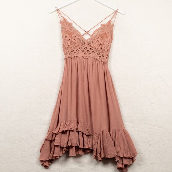 FREE PEOPLE ONE Adella Ruffle Tiered Slip Dress Boho Fairy Balletcore Pink Sz XS - Picture 7 of 15
